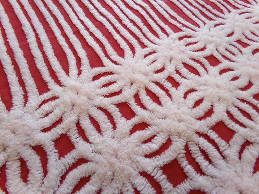 Spark Red & White Vintage Chenille Fabric, 20" x 22" inch cut piece of 100% cotton sewing material for crafts, quilting