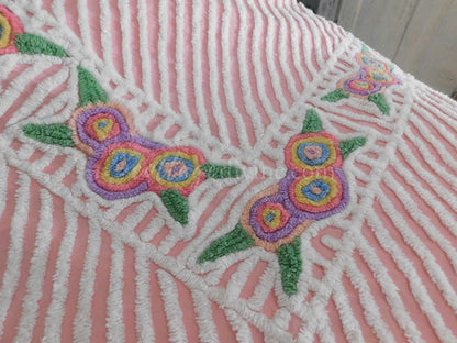 Rainbow Rose Vintage Chenille Bedspread, Cottage Style Plush Pink & White Chevron Design, Full Size