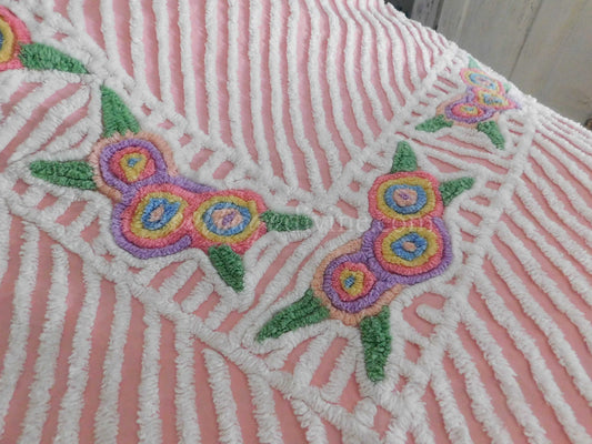Rainbow Rose Vintage Chenille Bedspread, Cottage Style Plush Pink & White Chevron Design, Full Size