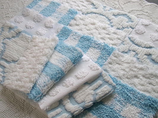 country gal chenille fabric squares, 16 vintage 6" quilt blocks in cool blue & white, for sewing, crafts, fiber arts