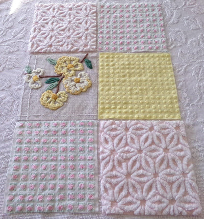 chenille fabric squares, set of 6 big 9.5" square quilt blocks from vintage chenille bedspreads, dainty daisy, pink rosebud, floral, dots