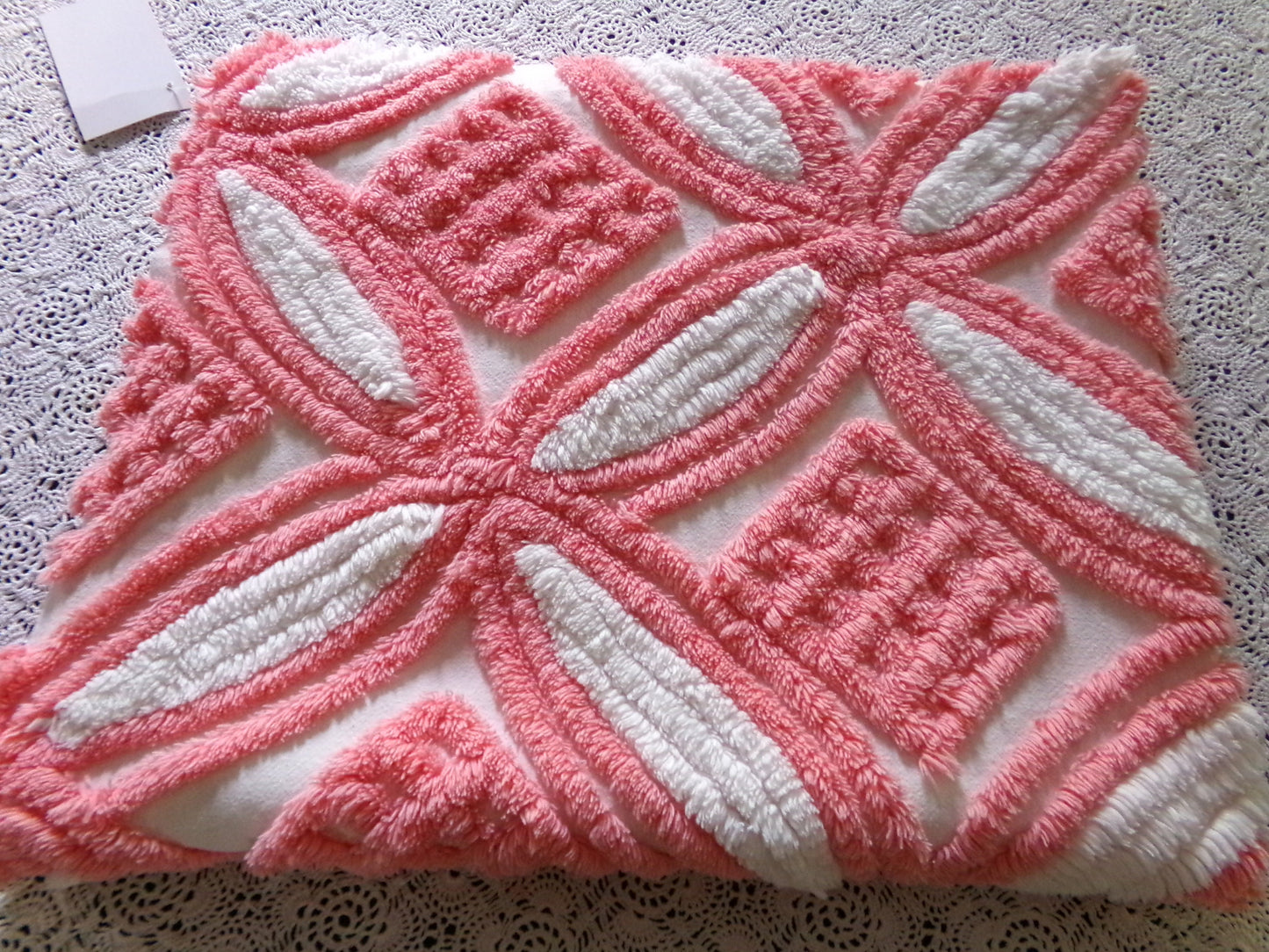 Plush Pink & White Vintage Chenille Fabric, 24" x 30" Inch Piece, 100% Cotton, Optic Wedding Ring Pattern, Great for DIY Pillows