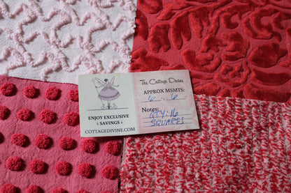 Cupid's Kisses Chenille & Velvet Craft Squares Set from Vintage Bedspread Fabric, 16 Blocks, 6" inch in Pink, Red