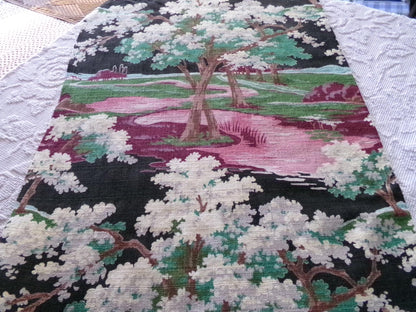 dramatic piece of vintage black barkcloth fabric in mystic tree print, 20" x 35" inch piece from deconstructed curtain panel