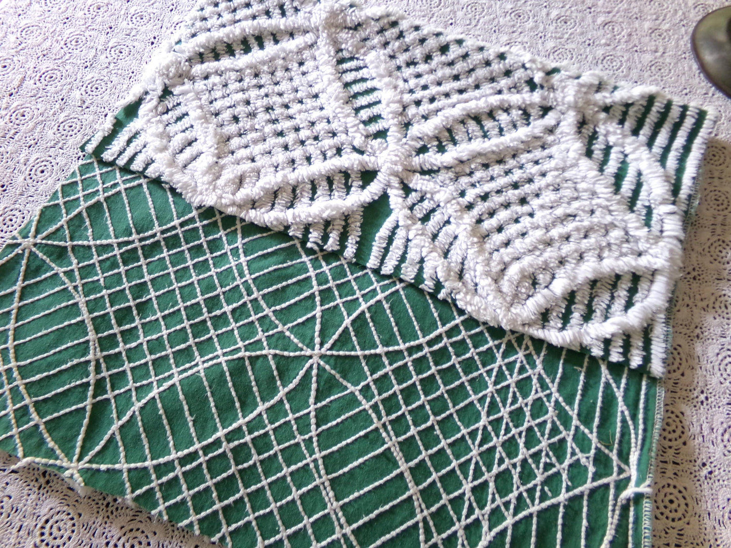 Plush Lush Green & White Vintage Chenille Fabric, 18" x 26" inch Piece, Wedding Ring Design for Christmas Crafts, Pillows, Quilts