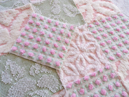 pink & green chenille fabric squares, set of 16 vintage quilt blocks 6" each, popular spring daisy, rosebud and hobnail patterns