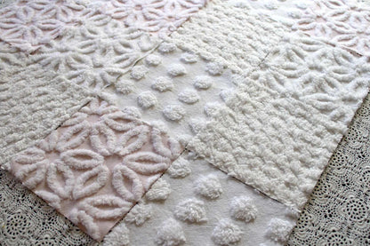 Baby's Breath Chenille Fabric Squares Set in White & Pink, Cut from Vintage Chenille Bedspread Material, 16 Blocks, 6" x 6" inch each