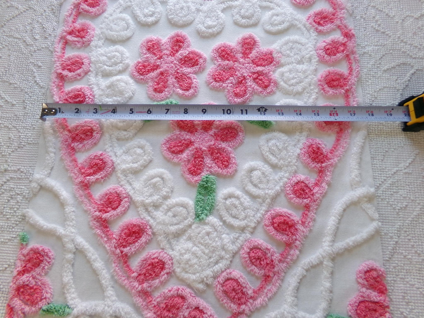 pretty pink heart vintage chenille fabric, a trio of roses with curlicue swirls, 17" x 23" inch piece of sewing material great for pillow