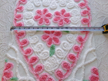 pretty pink heart vintage chenille fabric, a trio of roses with curlicue swirls, 17" x 23" inch piece of sewing material great for pillow