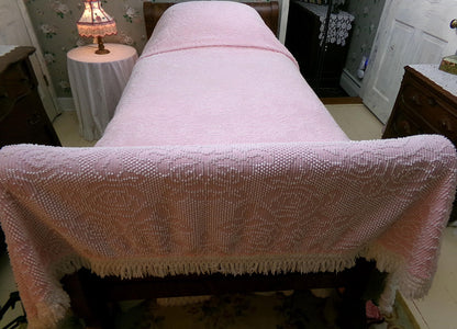 Vintage Twin Chenille Bedspread | Pink White Hobnail Rose Pattern with Fringe | Shabby Chic Woven Cotton Bedding