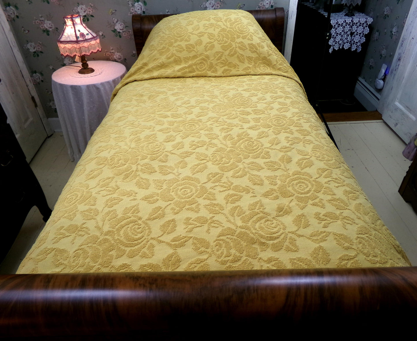 Vintage Chenille Bedspread in Sunflower Honey Golden Blonde | Hobnail Cabbage Rose Woven Texture | On Trend Boho Style Heavyweight Spread