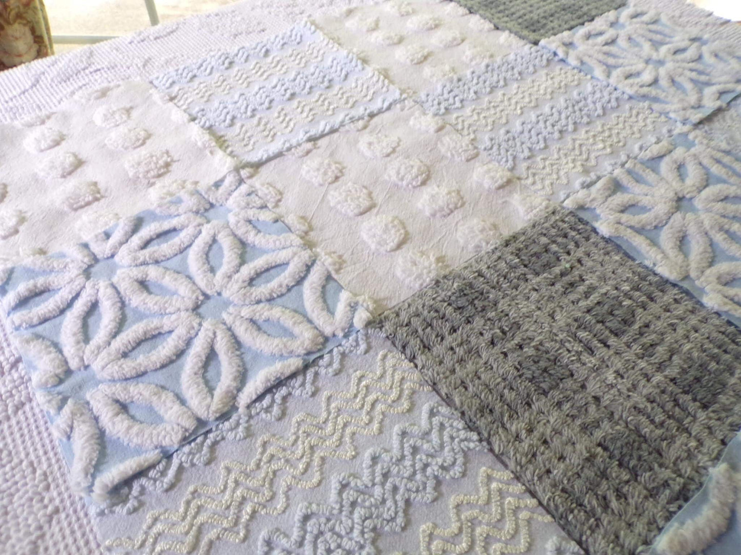 winter storm chenille fabric squares, 16 vintage 6" x 6" quilt blocks in cool blue & modern grey geometric for sewing, crafts, fiber arts
