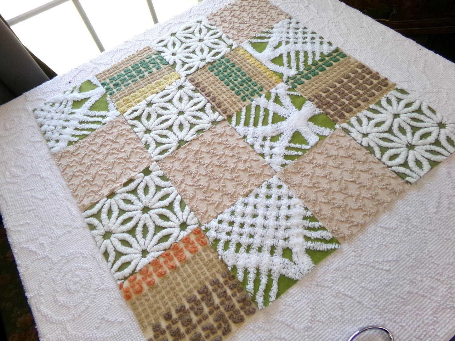 boho babe vintage chenille fabric squares, set of 16 earthtone olive, mocha, white quilt blocks 6" ea, for fiber arts, sewing, quilting