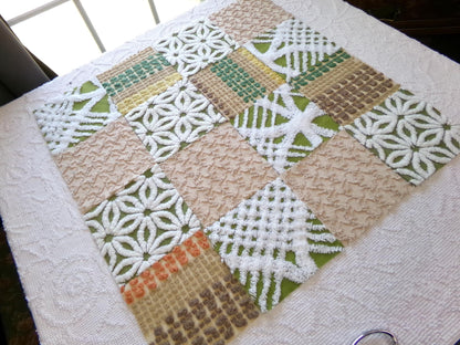 boho babe vintage chenille fabric squares, set of 16 earthtone olive, mocha, white quilt blocks 6" ea, for fiber arts, sewing, quilting