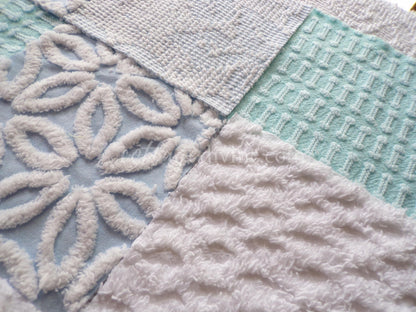 Barefoot on the Beach Chenille Quilt Squares Set from Vintage Bedspread Fabric, 16 Blocks, 6" x 6" inch, Coastal Blues & White
