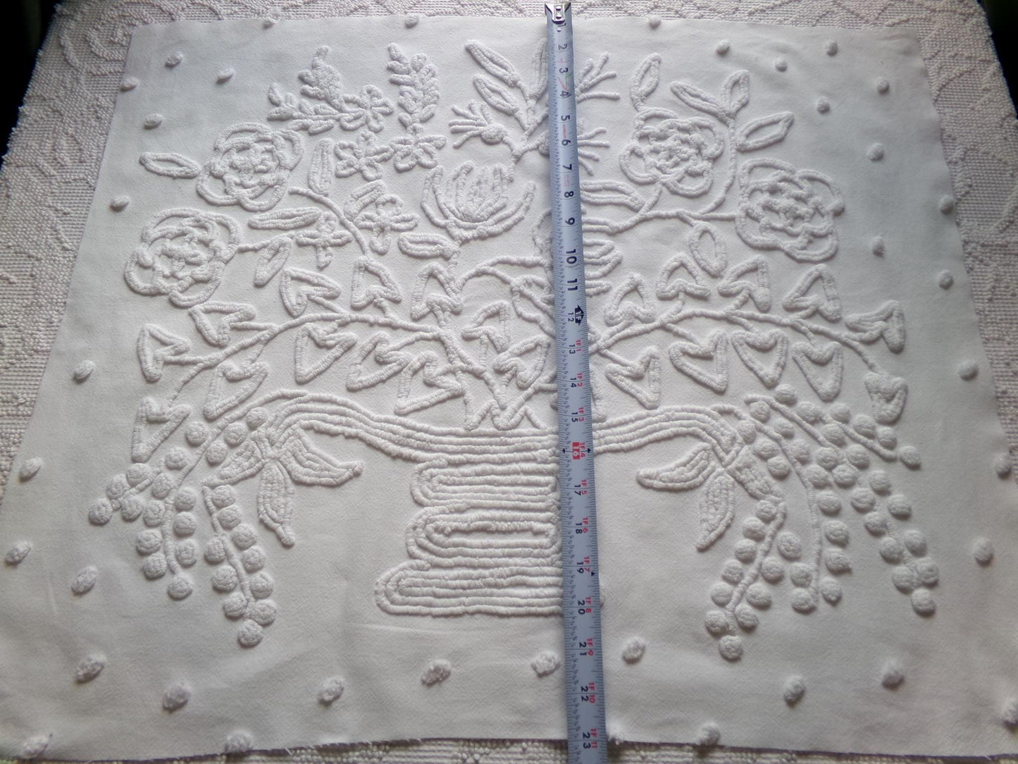 exquisite bride's basket vintage chenille fabric, white floral design is lovely material for quilts, wall hanging, crafts, 25" x 21" piece