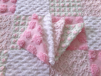 fairy chic chenille fabric squares, pink cottage rosebuds, 16 vintage quilt blocks 6" x 6" inch, for patchwork pillows, quilting, crafts
