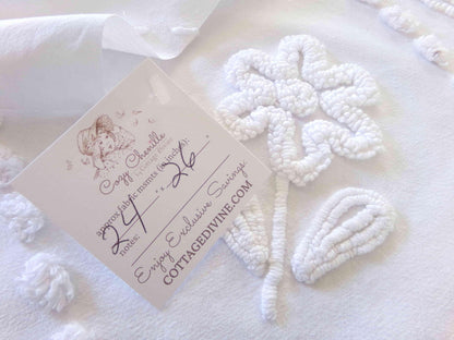 White Vintage Chenille Fabric, 24" x 26" Piece, Versatile Cottage Style Daisy Tulip Design, 100% Lightweight Cotton Quilt Material
