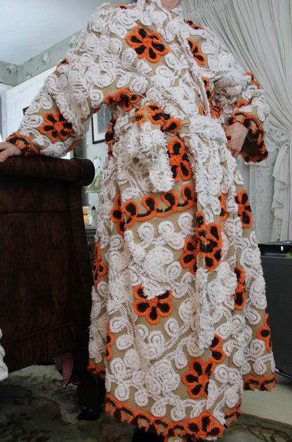Unisex Kimono Style Chenille Robe, PUMPKIN SPICE Plush Bathrobe Upcycled from Vintage Chenille Bedspread in Creamy Mocha Swirl, Sz XL 1X