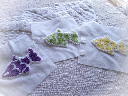 school of fish chenille fabric squares, set of 6 large 9.5" square quilt blocks, fun fishies & plush white swirl dots