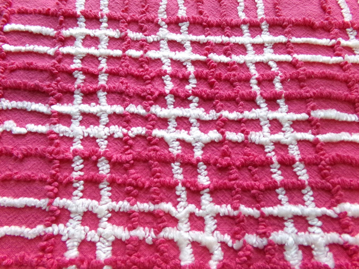 fabulous vintage chenille fabric, vivid pink & white plaid design 20" x 24" cut piece, upcycle into quilts, fiber arts, crafts