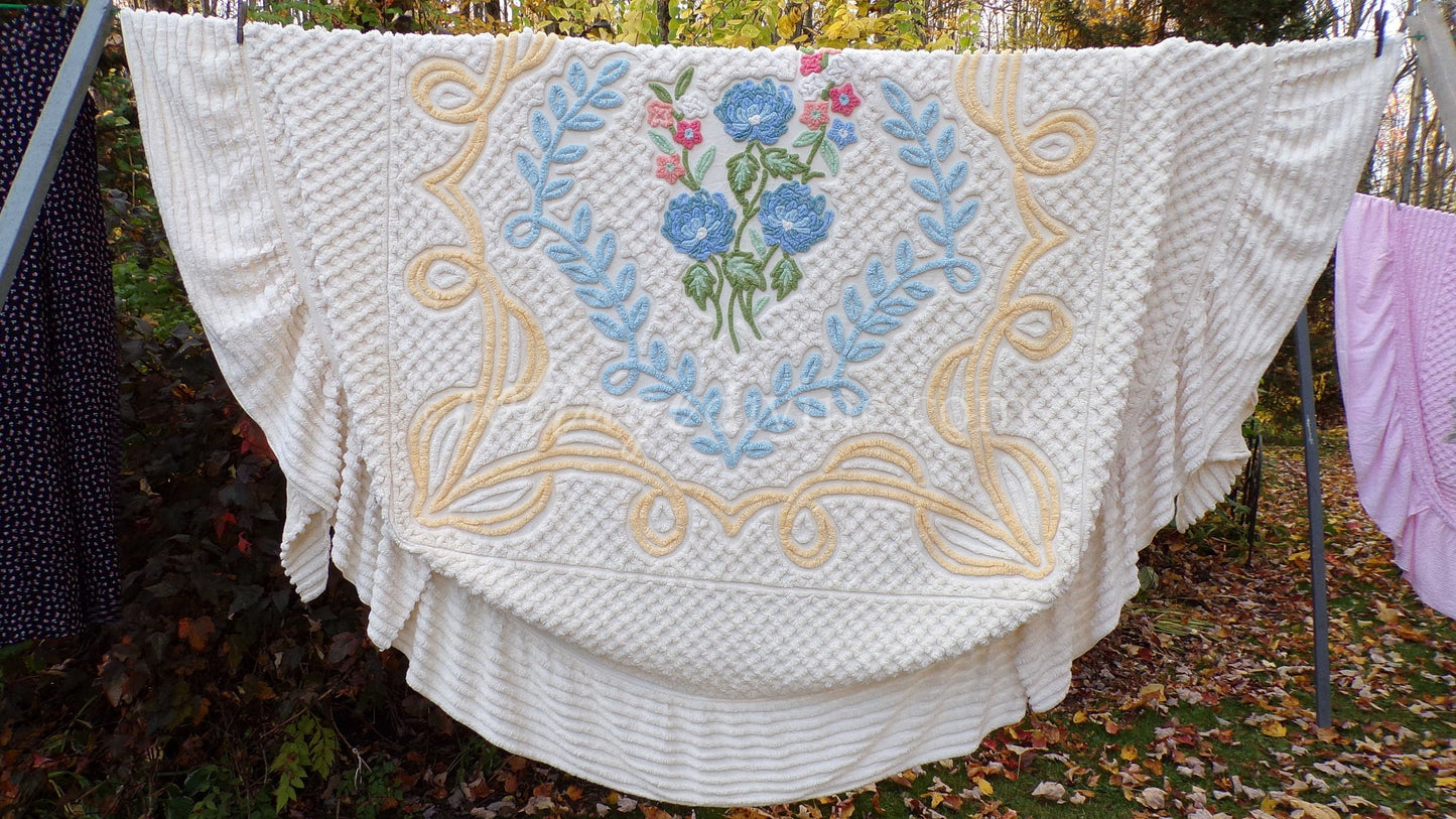 Luxury Buttercream Vintage Chenille Bedspread in Heirloom Garden Wildflowers, Full Size Boxed Fit Design with Ruffle Skirt