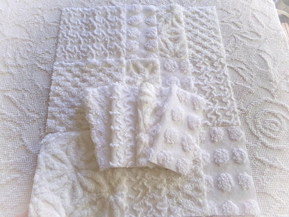 cherub feathers white chenille fabric squares, cut from vintage chenille bedspreads in popular patterns, set of 16 quilt blocks, 6" inch ea