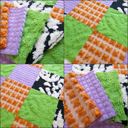 whimsical witch vintage chenille fabric squares, set of 16 playful 6" blocks for crafts, sewing in orange, black, green & lavender