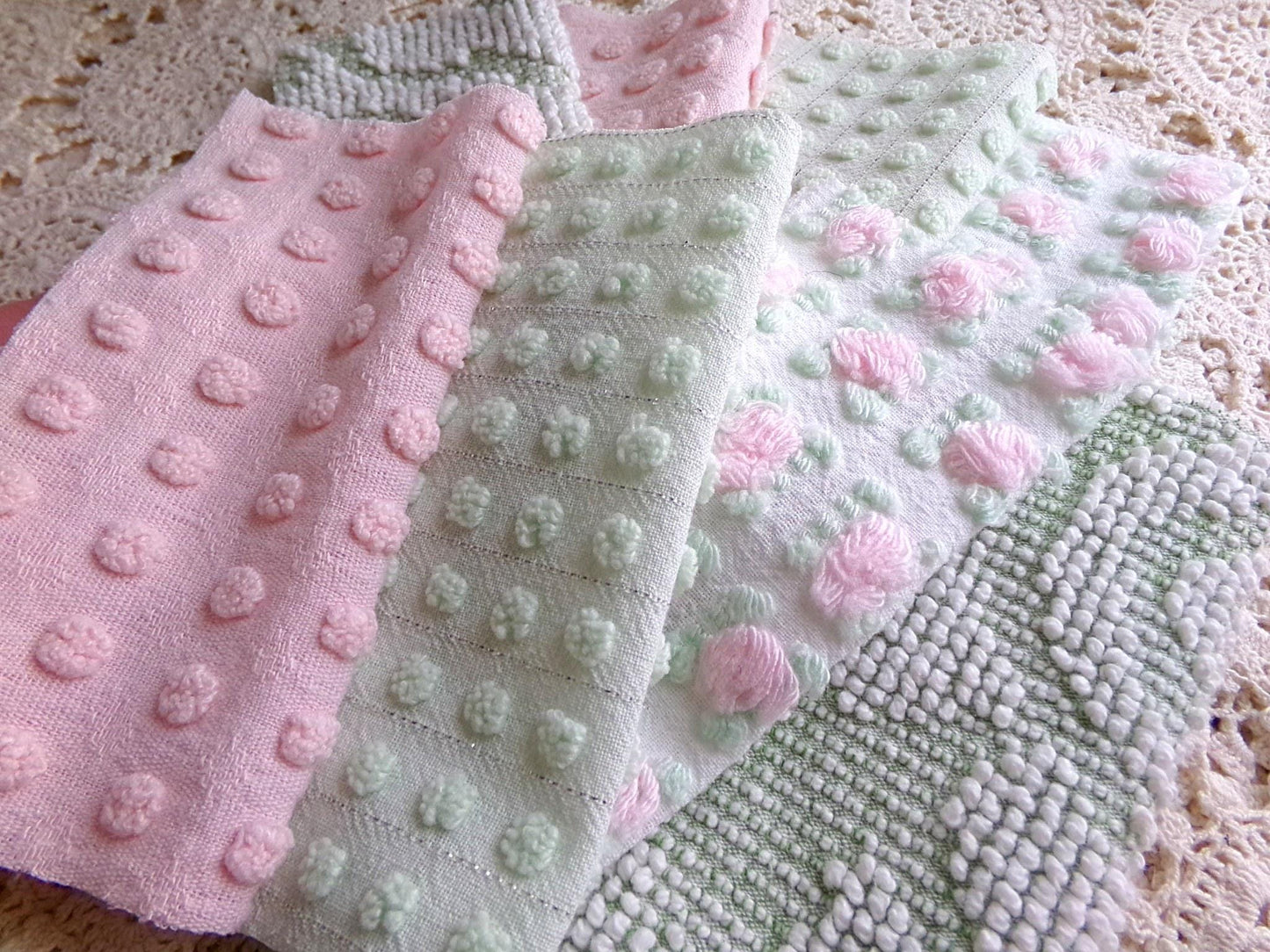 vintage pink & green chenille fabric squares, "breath of spring", rotary cut from vintage chenille bedspreads, set of 16 Blocks 6" x 6" inch