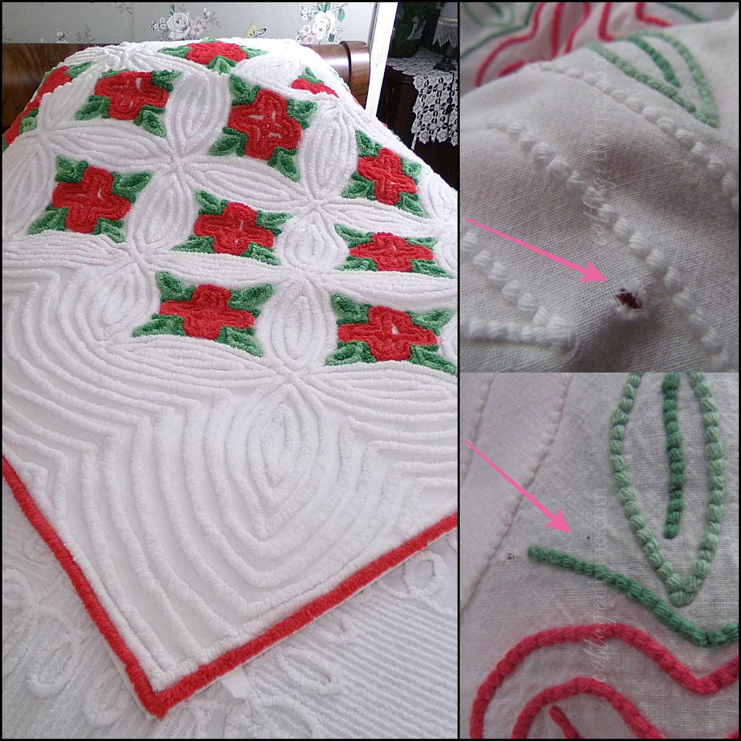 fantasy rose vintage luxury chenille bedspread in shabby style red cabbage roses design, 100% cotton full size bedding