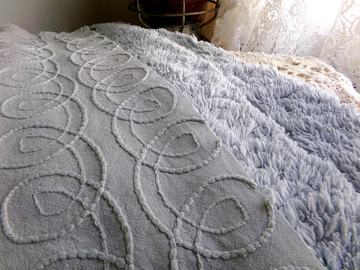 plush looping curlicues vintage chenille fabric, 21" x 24" cut piece in dreamy dusty blue, soft & so pretty