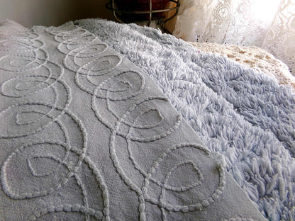 plush looping curlicues vintage chenille fabric, 21" x 24" cut piece in dreamy dusty blue, soft & so pretty