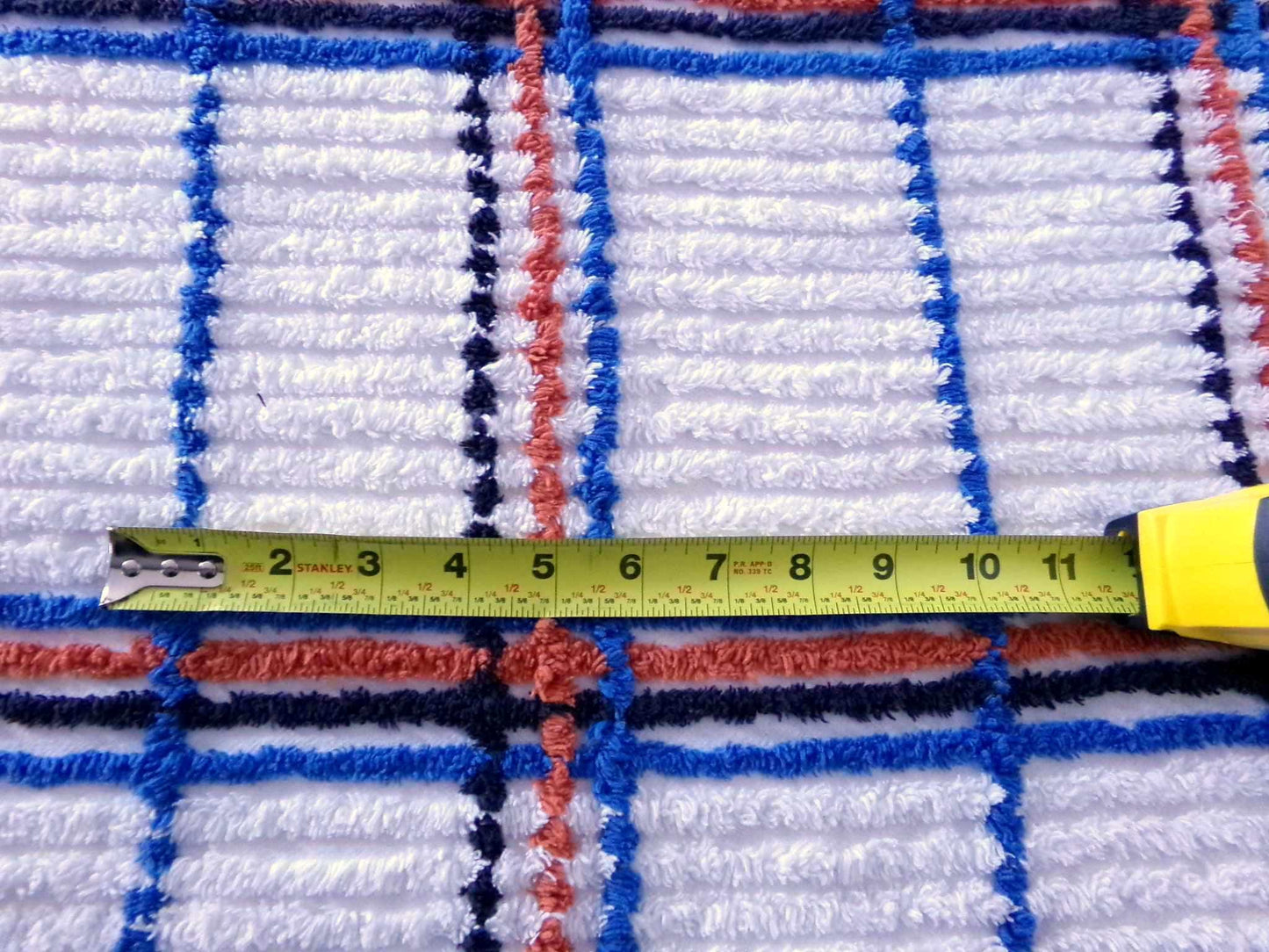 Vintage Chenille Fabric in a Unique Geometric Design, 28" x 15.5" inches, Masculine Black, Rust & Blue on White Cotton