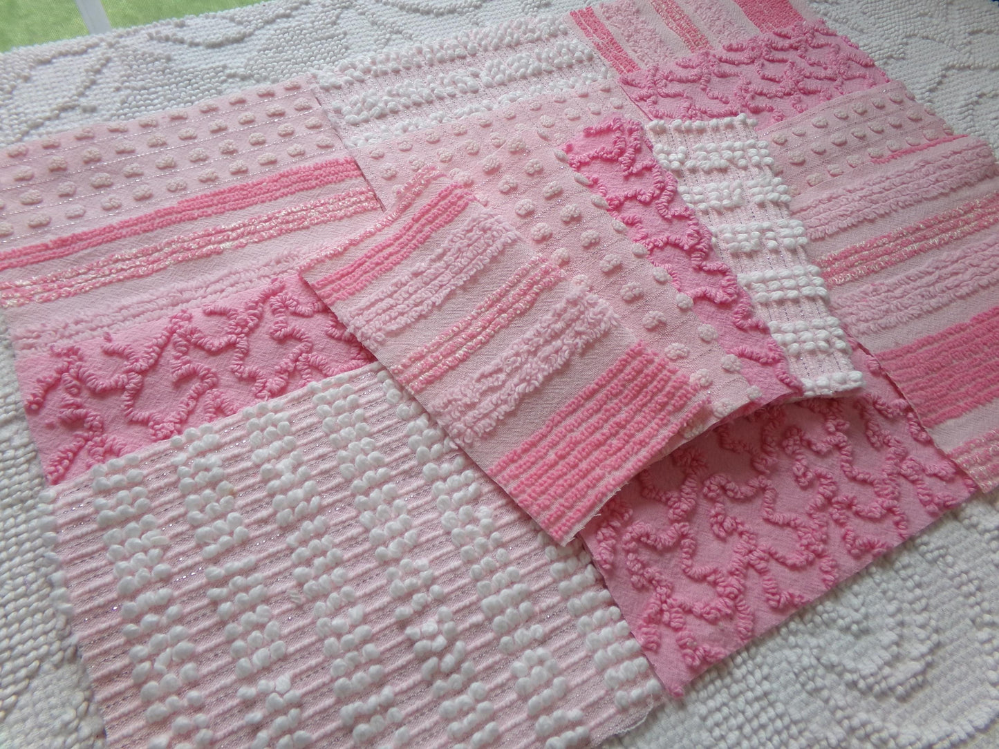 partytime pinks vintage chenille fabric squares, set of 16 fun 6" quilt blocks for quilting, sewing, crafts