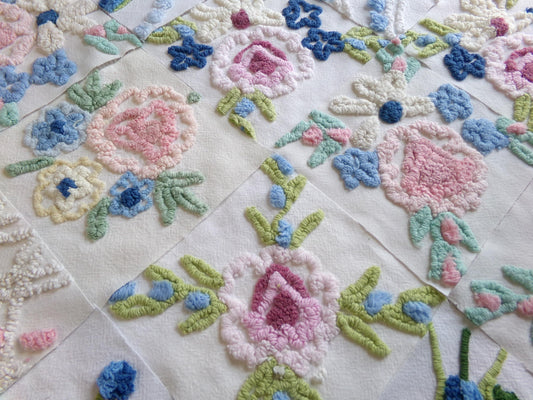 vintage chenille fabric squares, "whimsy & wildflower" set of 16 floral 6" quilt blocks in colorful garden flowers, plus extra applique pc