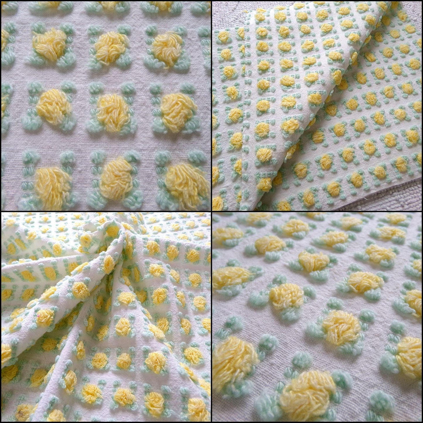 playful yellow rosebud vintage chenille fabric, cheerful lemon rose 18" x 24" inch piece of quilt fabric for sewing & crafts