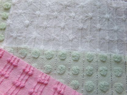 fairytale pink & green chenille fabric squares, set of 12 vintage 6" quilt blocks in crafty girl's dozen, popular squiggles, rosebud, dots