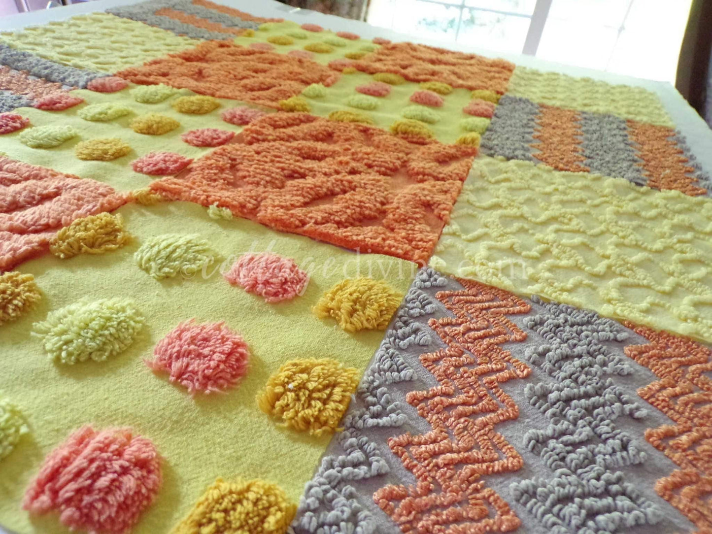 Retro Hippie Quilt Squares Set, from Vintage Chenille Bedspread Fabric, 16 Blocks, 6" x 6" inch