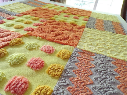 Retro Hippie Quilt Squares Set, from Vintage Chenille Bedspread Fabric, 16 Blocks, 6" x 6" inch