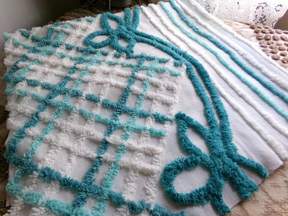 Cute Green Bows Vintage Chenille Fabric, 22" x 28" inch Piece, 100% Cotton, Midcentury Tonal Teal & White