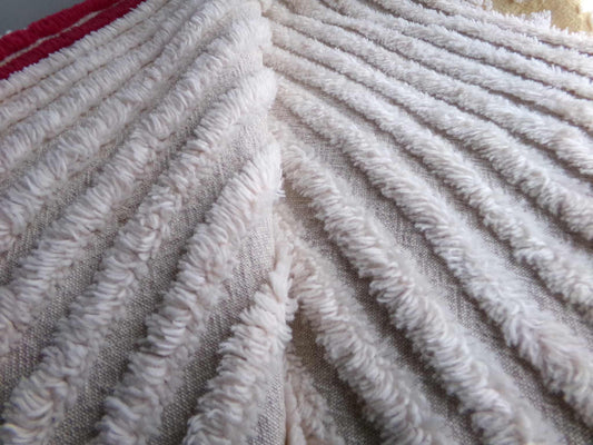Aged Grey Striped Vintage Chenille Fabric Piece, Maroon Accent Stripes, 21" x 22" inches