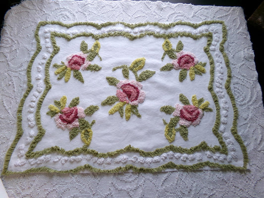 victorian style rose vintage chenille fabric, 19" x 25" inch piece of cotton sewing material, great for pillows & crafts