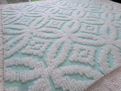 vintage aqua chenille fabric, white petals geometric design, 20" x 24" piece of sewing material
