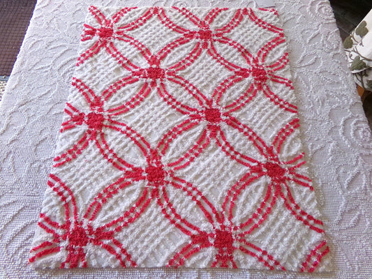 peppermint candy vintage chenille fabric, red & white wedding rings, 100% cotton, 20" x 25" inch piece, great in Christmas stockings, quilts