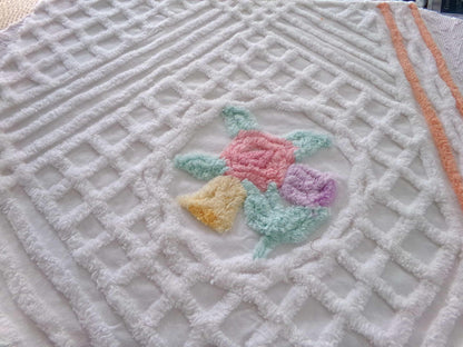pastel springtime flower bouquet in tufted white webbed chenille, 21" x 25" inch vintage fabric piece