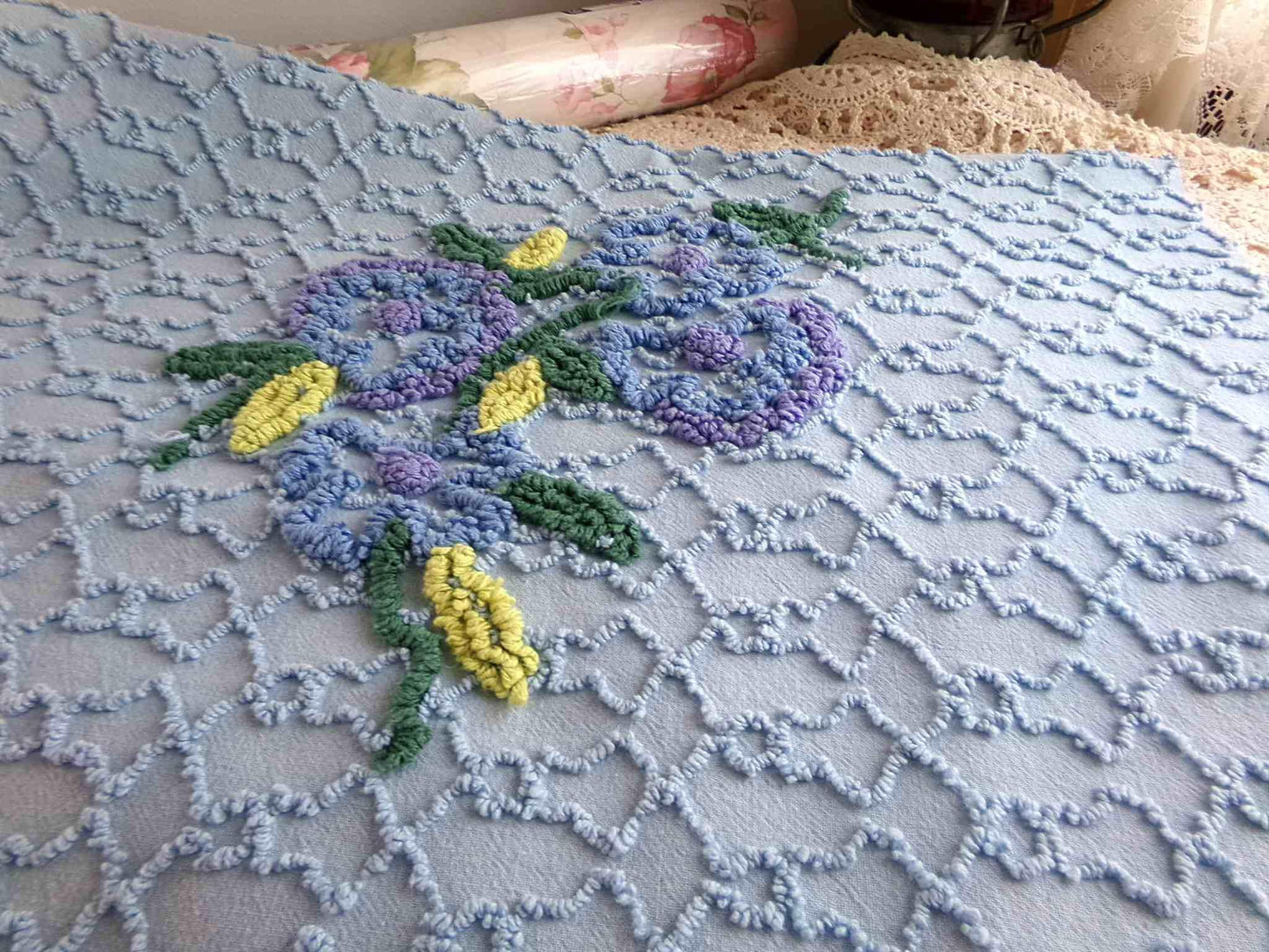 Evening Blue Floral Vintage Chenille Fabric in Chain Link Design with Tufted Flowers, 27" x 18" inch Piece, 100% Lightweight Cotton Material