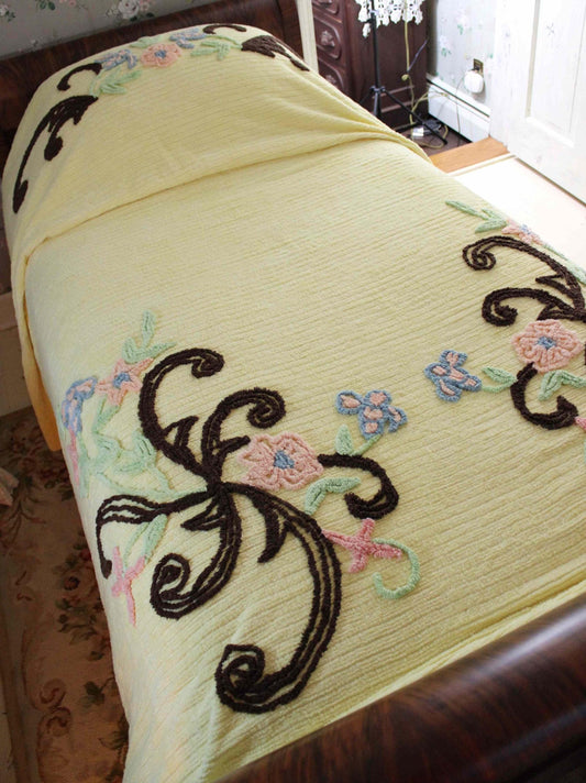 Tufted Boho Floral Bedspread, FULL Size Vintage Chenille Bedding in Yellow with Flowers & Chocolate Brown Scrolls, 100% Cotton Tufted Spread