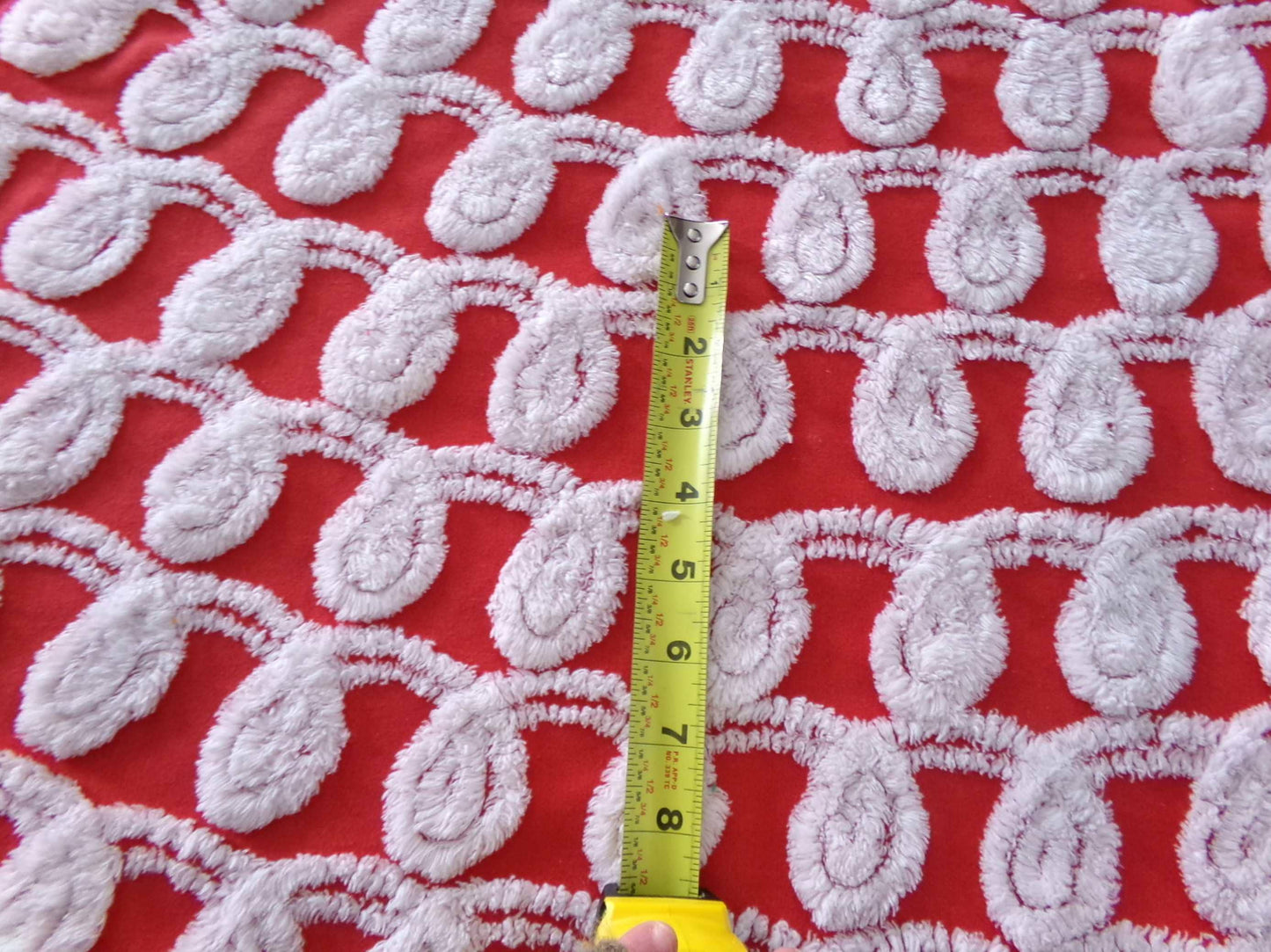 rare white curlicues on red fabric, 15" x 26" inch piece of vintage chenille bedspread material for sewing & quilting