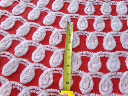 rare white curlicues on red fabric, 15" x 26" inch piece of vintage chenille bedspread material for sewing & quilting