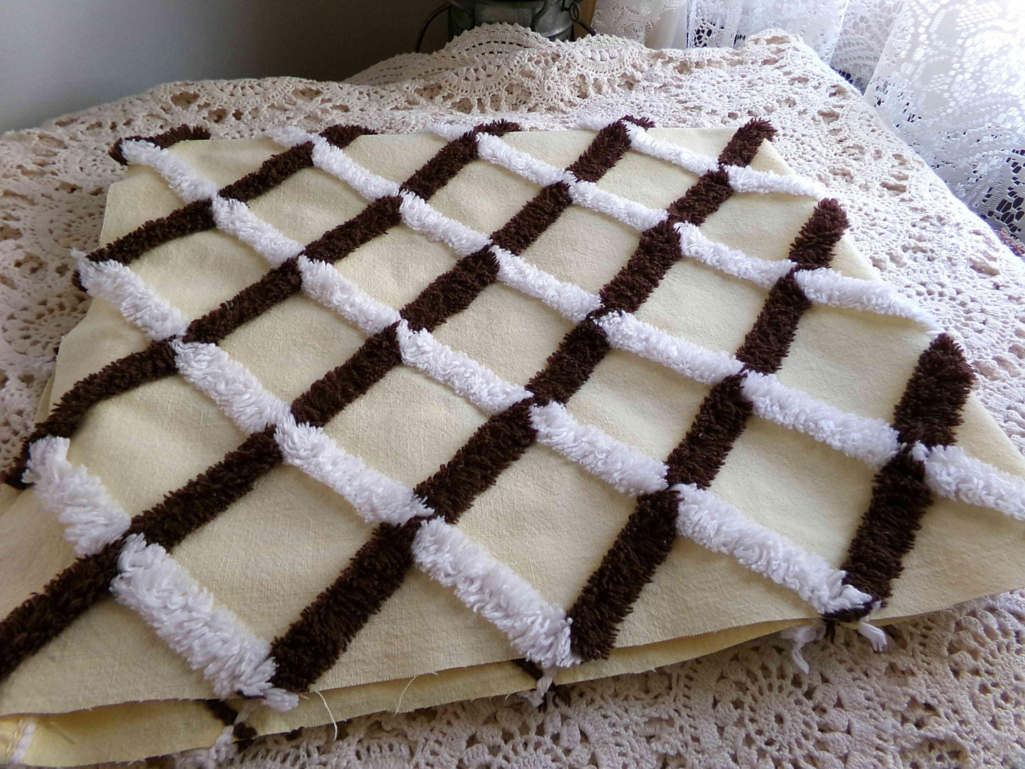 Buttery Yellow Chenille Crosshatch Fabric, Wide Tufted Chocolate Brown & White Lines, 20" x 25" inch Vintage MCM Cotton Material